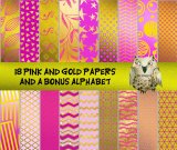 18 Pink & Gold Foil Digital Papers With BONUS Alphabet: 12" x 12", Professional Resolution For Printing