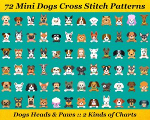 72 Dogs Cross Stitch Pattern: Mini Dogs Heads & Paws Printable PDF Patterns, Instant Download