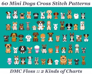 72 Dogs Cross Stitch Pattern: Mini Dogs Heads & Paws Printable PDF Patterns, Instant Download